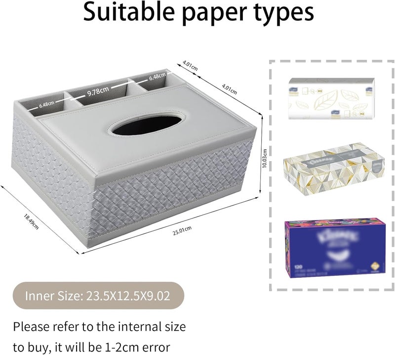 XNONE Tissue Box Cover Rectangle White Kleenex Box Holder PU Leather Facial Tissue Organizer,Multifunctional Remote Control Stationery Storage Box,Home Office Supplies Car Napkin Caddy - Image 4